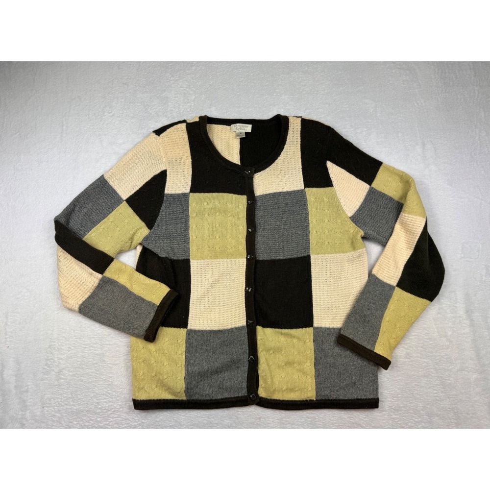 Christopher & Banks Patchwork Knit Cardigan Sweater Brown Green Cream Womens M